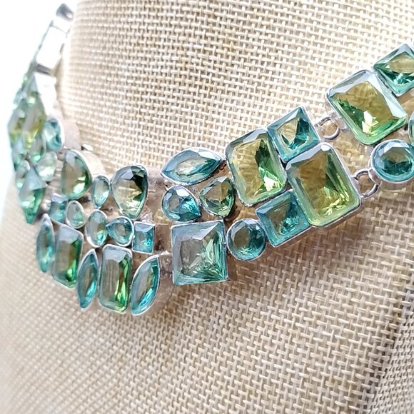Statement Green Glass Stone Bib Necklace Silver Tone Chunky Collar Boho Jewelry - Picture 15 of 16